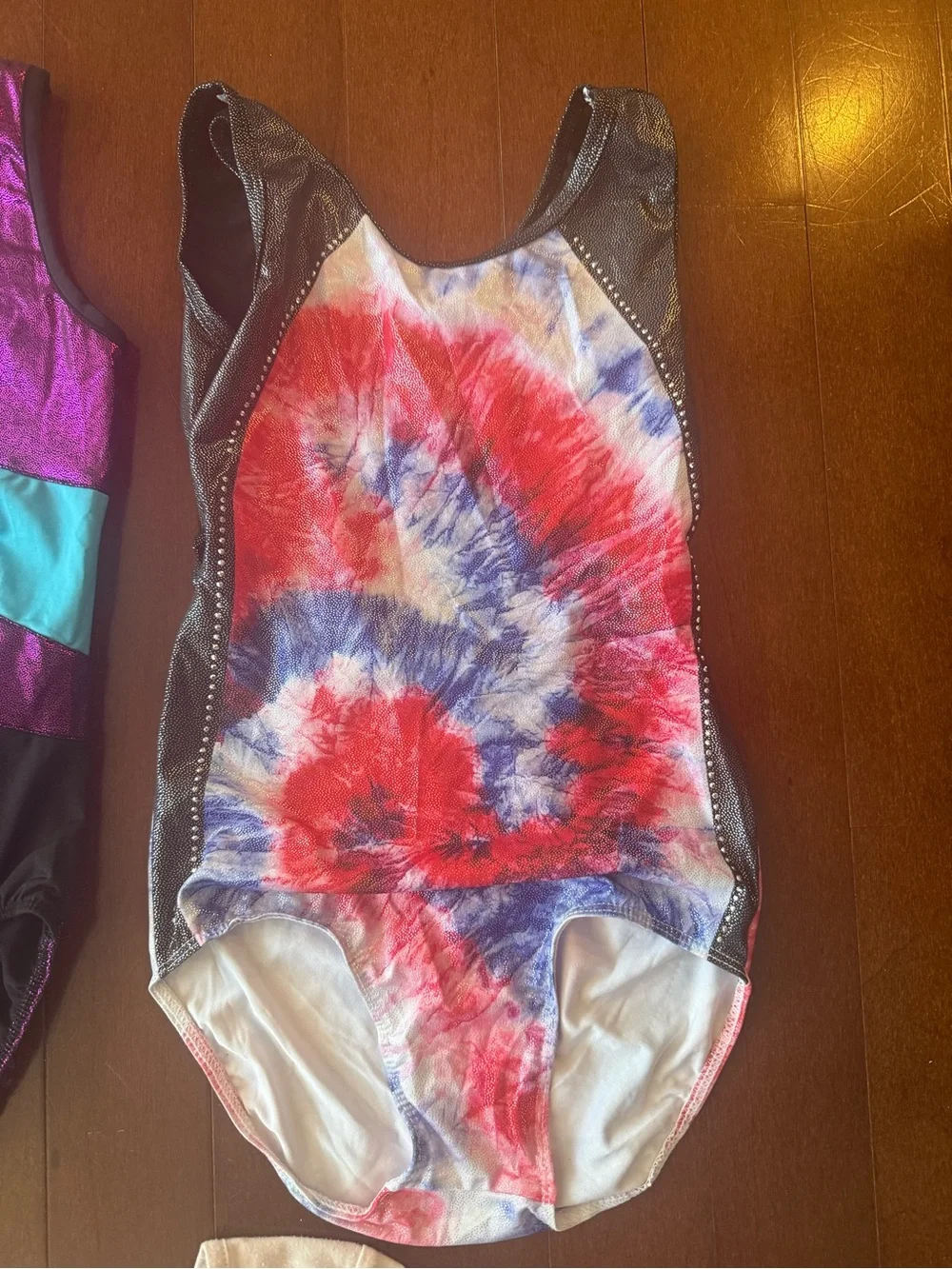 Girls Purple Metallic Gymnastics Leotard tie dye red white blue leo & pink tshir